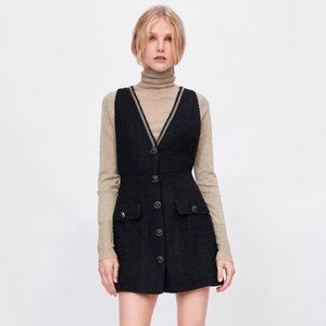 ZARA Bloggers Favorite Tweed Sleeveless Pinafore Button Front Chain Detail Dress
